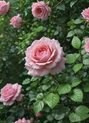 Delicate pink rose encircled by vibrant green foliage; perfect blank center , design, nature, element
