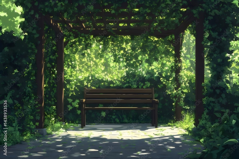 Aufkleber 緑豊かな木陰のベンチと木漏れ日差しが降り注ぐ夏の庭園風景