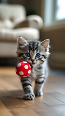 Adorable kitten with big blue eyes holding a red polka dot bow in its mouth, walking on a sunlit wooden floor

