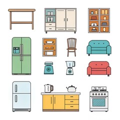 Home Appliances Furniture Kitchen Living Room Line Art Icons