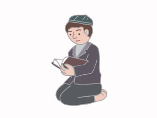 Illustration of a young Muslim man sitting and reading the Quran