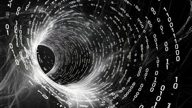 Digital tunnel with binary code and abstract data stream swirling into vortex, representing technology, cyberspace, and futuristic network concepts, with dynamic motion and immersive visual energy