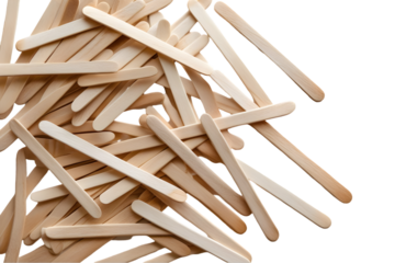 Scattered Pile of Natural Wood Popsicle Sticks Isolated on White for Craft Concepts: DIY Material Imagery: Popsicle, Sticks, Wood, Natural, Isolated, White, Craft, DIY, Material PNG.