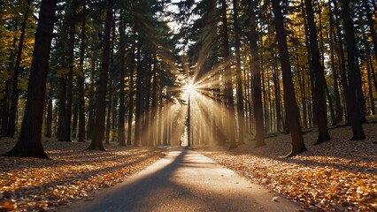 Warm golden sunlight streaming through dense forest canopy, illuminating fallen autumn leaves carpeting peaceful woodland trail with vibrant seasonal colors and soft glowing atmosphere