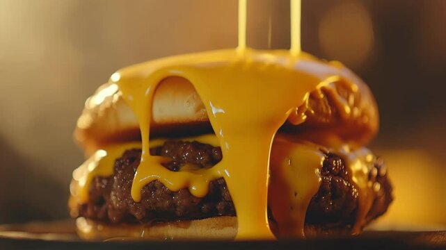 Juicy beef burger with melted cheddar cheese dripping over toasted bun, closeup shot highlighting juicy, indulgent, and mouthwatering atmosphere, featuring melted cheese and beef delicious, toasted