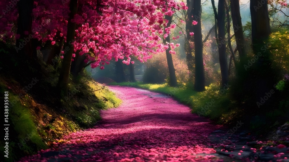 Aufkleber 桜並木の小道 ピンクの花びらが舞う春の風景 陽光が差し込む美しい森林の景色
