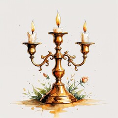 Brass candlestick watercolor art painting design on plain white background illustration