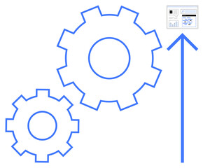 Two interconnected blue gear outlines with an upward arrow pointing to a chart. Ideal for innovation, teamwork, strategy, progress, development, production, simple landing page