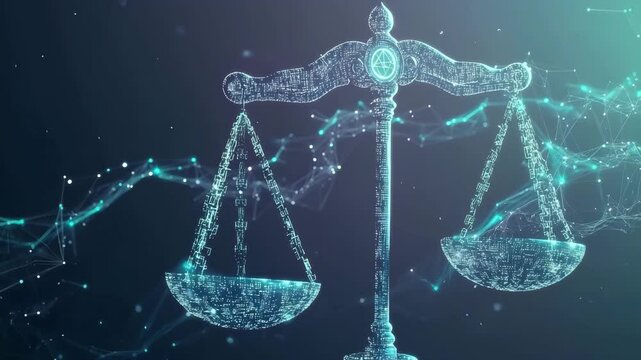 Digital scale of justice technology law balance futuristic glowing blue abstract network legal concept innovation fairness modern data cyber equality virtual symbol impartial justice, representing