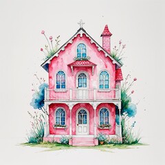 Fototapeta premium Pink dollhouse watercolor art painting design on plain white background illustration