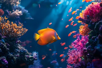 Naklejka premium Vibrant orange fish in a breathtaking coral reef swimming amidst colorful corals and smaller fish in a deep blue ocean