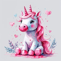 Fototapeta premium Pink unicorn stuff toy watercolor art painting design on plain white background illustration