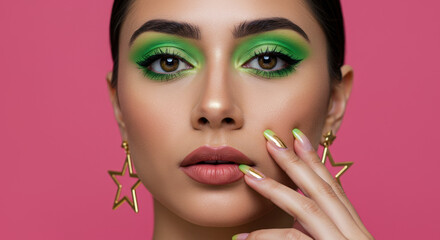  Emerald Eyes & Gold Stars: Stunning Makeup Look, Green Eyeshadow Artistry, & Bold Beauty Trends on Pink