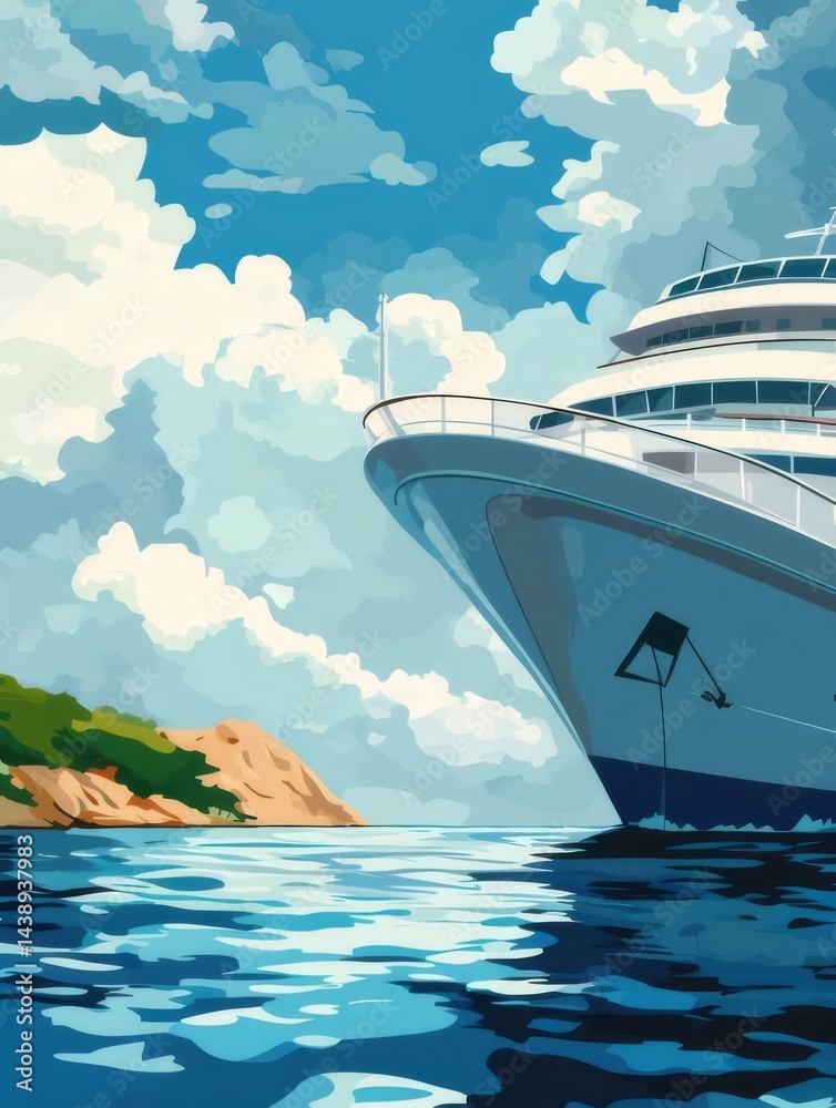 Poster 青い海原を航海する大型クルーズ船と爽やかな青空と入道雲が広がる風景画