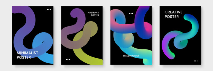 Four posters feature abstract colorful 3D shapes. Perfect for modern interiors, digital design projects, or vibrant wall decorations.