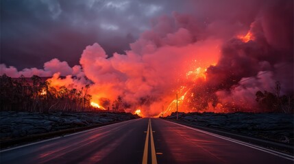 Road to the Inferno: A fiery spectacle unfolds as molten lava surges across a desolate road, illuminating the night sky with an otherworldly glow.