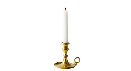 Elegant brass candlestick with a lit wax candle on a minimalist background