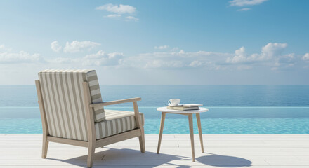 Ocean View Relaxation: Poolside Retreat with Book & Coffee. Escape to Paradise with a Cozy Chair, Serene Waters, and Sunny Skies!