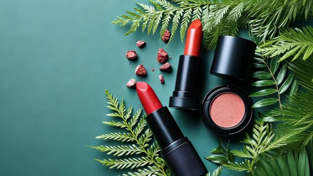 Eco-Friendly Makeup: Red Lipstick and Blush with Fern Leaves