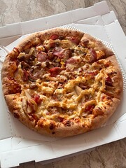 Cheesy pizza topped with golden french fries, combining crispy potato goodness with gooey, savory delight. A fun and indulgent twist on two favorite comfort foods.