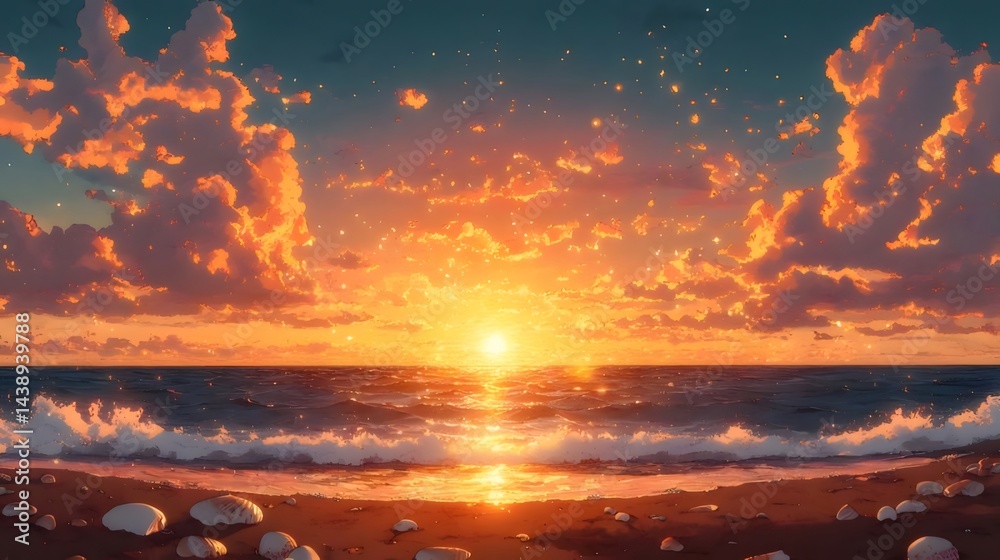 Aufkleber 夕焼け時の海と空 太陽が海面に反射しオレンジ色の雲が広がるビーチ風景