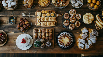 Fototapeta premium Assorted pastries and desserts arranged on a wooden table top view.