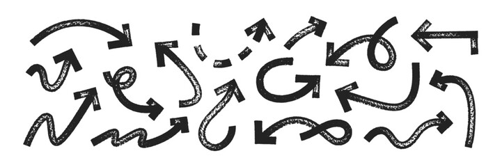 Set of hand drawn arrows and pointers with brush, crayon or marker texture. Elements of navigation or direction. Black vector illustration isolated on a white background.