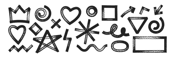 Set of geometric shapes with brush, crayon or marker texture. Crown, heart, star and rectangle with sketch lines. Black vector illustration isolated on a white background. © Arina