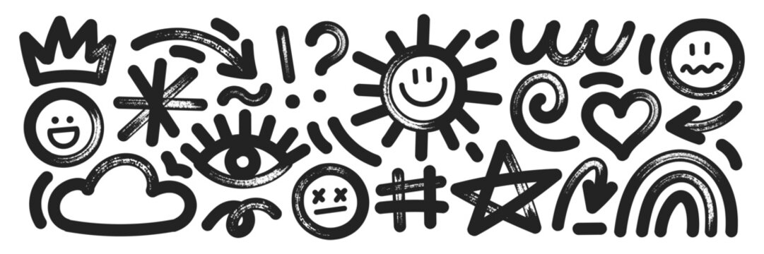 Set of hand drawn elements with brush, marker or crayon texture. Grunge cloud, sun, rainbow and eye for design. Black vector illustration isolated on a white background.