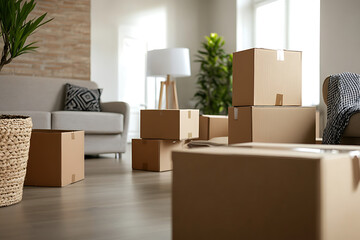 Concept of moving into a new apartment with boxes and furniture, with copy space for text