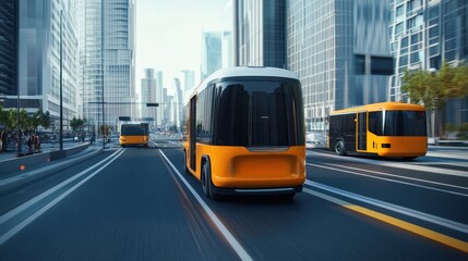 Obraz premium Autonomous Buses Navigating a Futuristic Cityscape