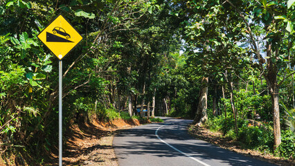 The winding country road is surrounded by lush tropical greenery, with yellow road signs warning of...