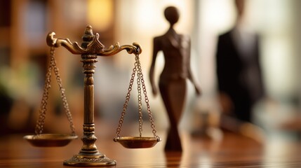 Justice Symbol in Focus: A close-up shot of a meticulously crafted justice scale, set upon a table, emphasizing balance and fairness.
