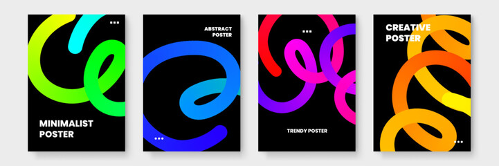 Four vibrant posters feature circular designs against a black backdrop. Ideal for modern interior decor or versatile graphic design projects.