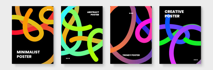 Four colorful abstract line posters on black backgrounds ideal for modern interior decor, print advertising, event promotions, and digital design.