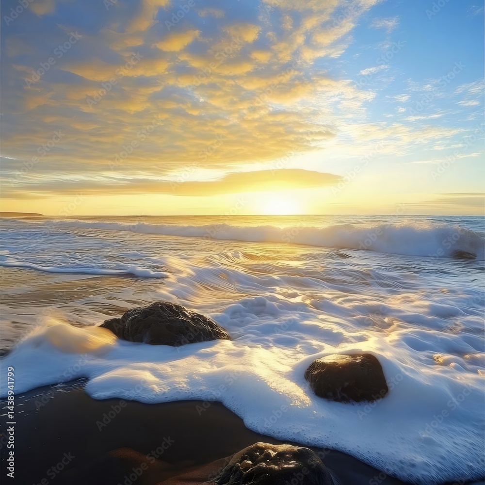 Aufkleber 夕焼けの海辺で輝く太陽の光と波 岩と泡が織りなす美しい風景 黄金色の空と青い海のコントラスト