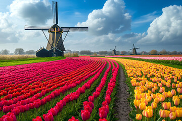 Colorful tulip fields with windmills in the background