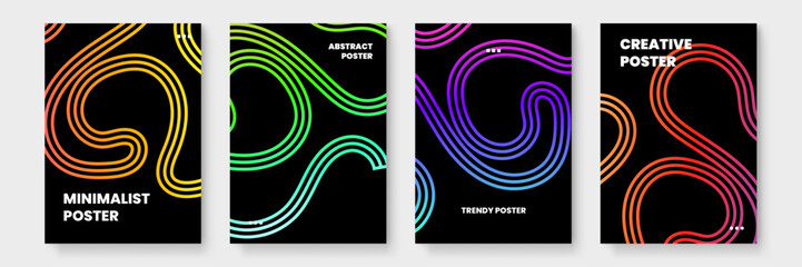 Four posters with colorful abstract shapes on a black background. Suitable for social media graphics, digital marketing campaigns, and modern art concepts.