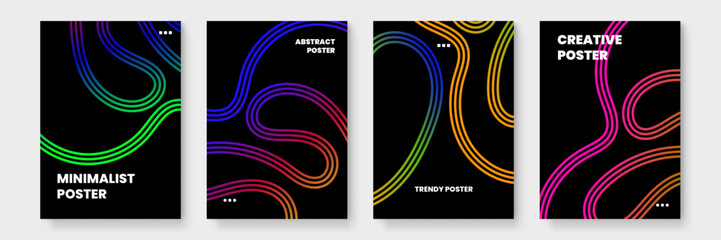 Four abstract posters featuring colorful lines and shapes on a black background. Ideal for modern art concepts and creative design projects.