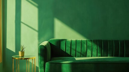 Green velvet sofa in sunlit room, interior design (1)