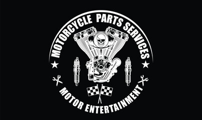 Motorcycle Parts and Motor Entertainment Logo with Skull and Engine Emblem