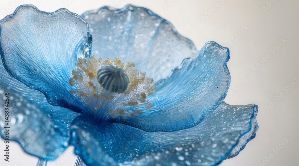 Aufkleber 青い透明なガラスの花のクローズアップ 白い背景に水滴と繊細な花びら 鮮やかな色と詳細なデザイン