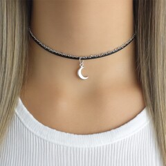 Delicate Black Choker Necklace with Crescent Moon Pendant