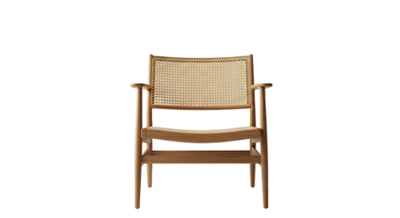 Elegant oak armchair with woven cane seat showcasing modern minimalist design