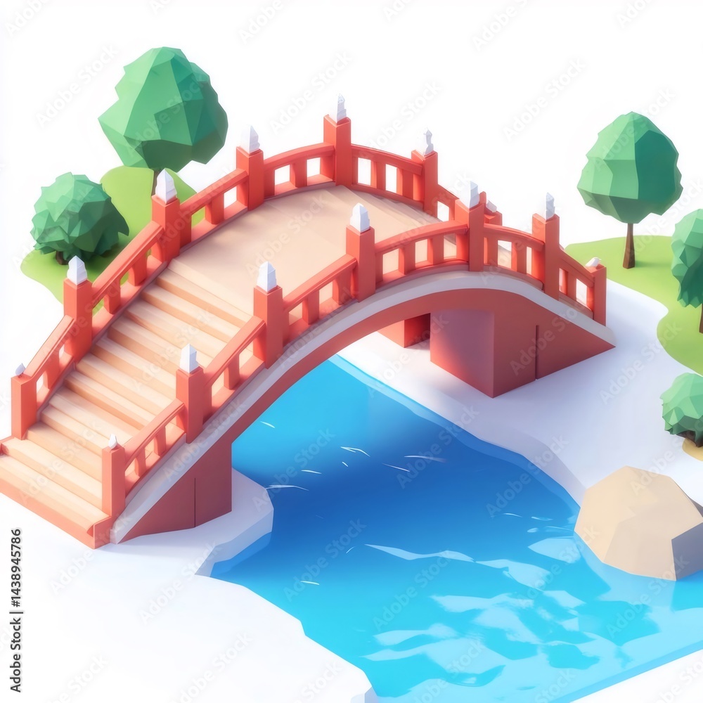Poster 赤い橋が青い水と緑の木々と白い背景の中で調和する夏の風景