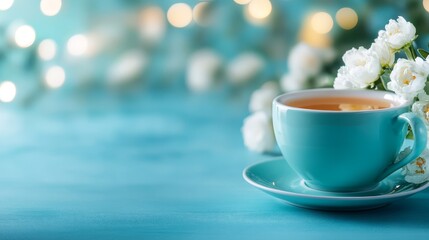 Obraz premium Soothing still life, a cup of warm tea adorned with delicate white flower