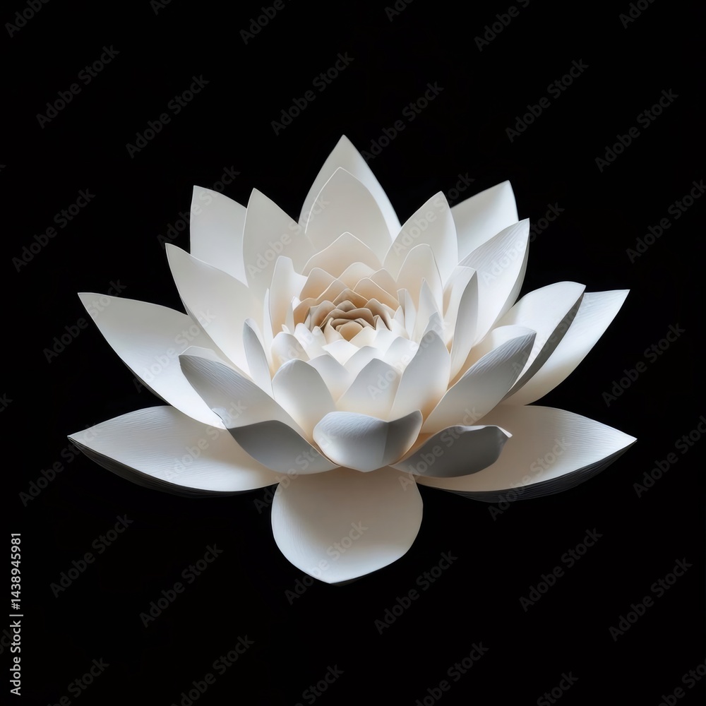 Aufkleber 黒背景に分離された白い蓮の花のクローズアップ 自然光と影による繊細な質感の詳細