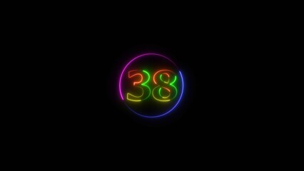 Glowing Neon light text number icon, business 38 number background 4k illustration.	