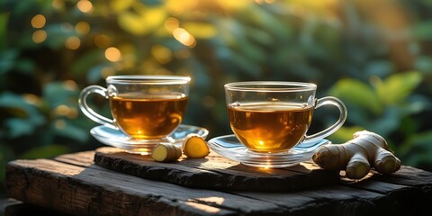 Two clear glass cups of ginger tea with fresh root pieces on rustic wood in natural sunlight, perfect for health, wellness, and herbal beverage concepts

