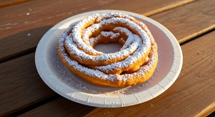 Fototapeta premium Funnel Cake with Powdered Sugar on a Plate on Wood Surface
